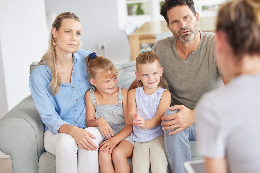 Family counseling talk from home, parents listen to a therapist and get help issue with children. D